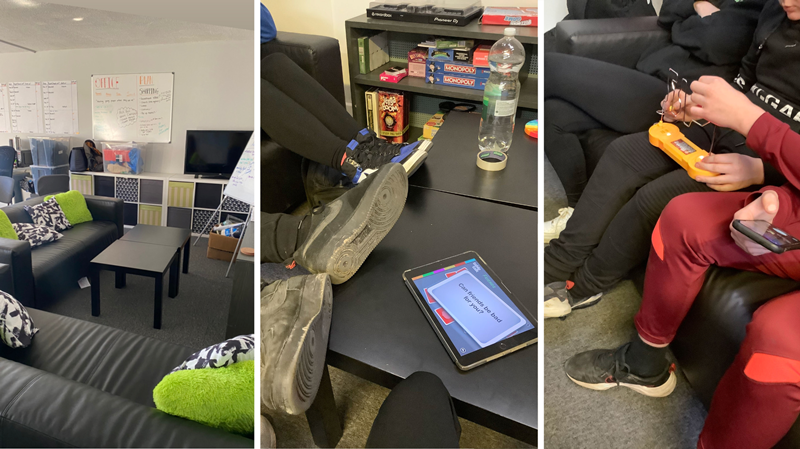 Three photos showing the warm hub at Winchester street reach. in one of the photos, young people play a tabletop game. in another, an ipad with a safety message about toxic friendship is displayed